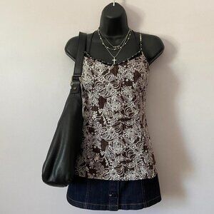 brown with white floral boho cotton tank w beaded neckline